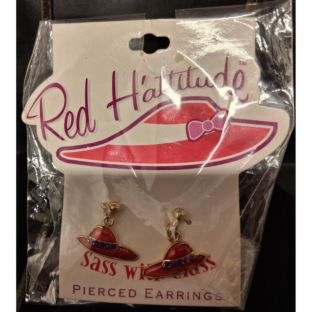 Red H'attitude Sass with Class Pierced Earrings Red Hat Purple Rhinestone RH103